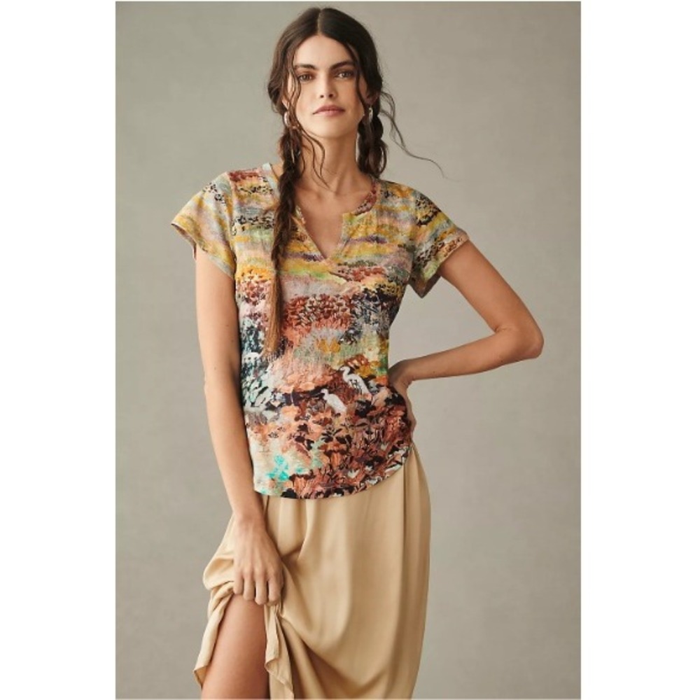 Anthropologie Michelle Morin Notched Tee Landscape Artsy Cotton Boho V-Neck L - Picture 2 of 9
